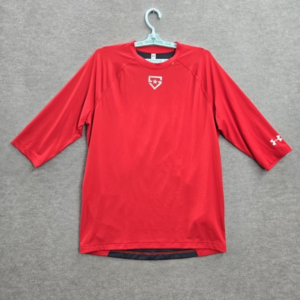 Under Armour Men Activewear Top M Red Colorblock Baseball Logo Fitted 3/4 Sleeve